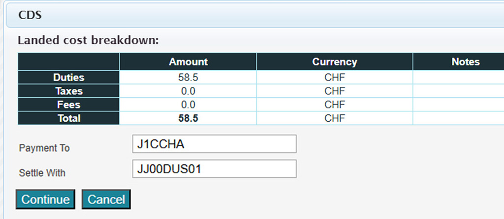 Landed cost in CHF