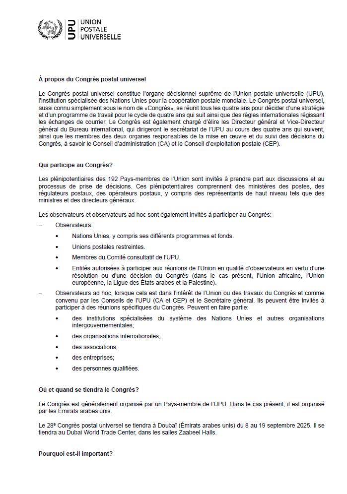 Fiche d'information: À propos du Congrès postal universel