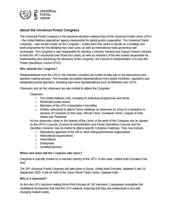 Backgrounder: About the Universal Postal Congress
