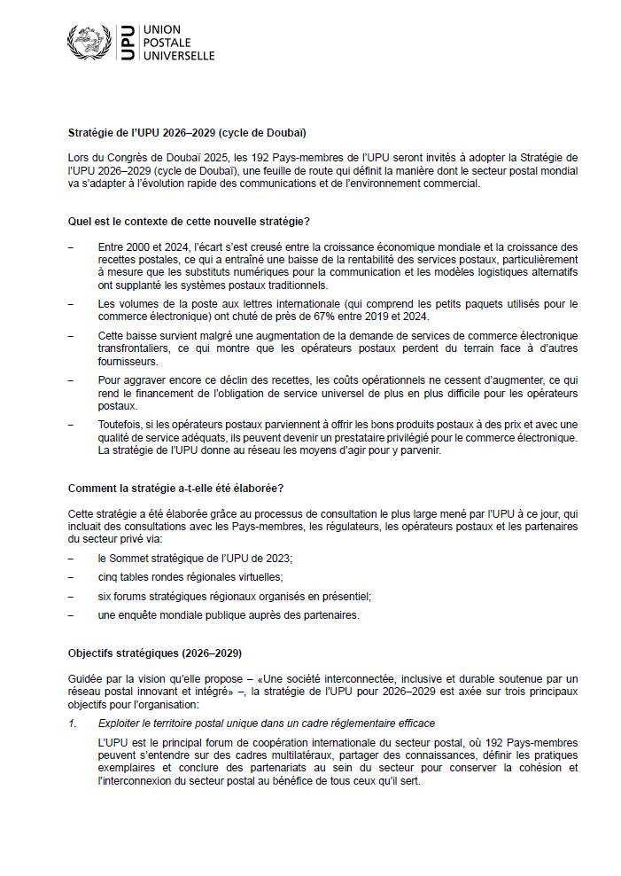 Fiche d’information: Stratégie de l’UPU 2026–2029 (cycle de Dubaï)